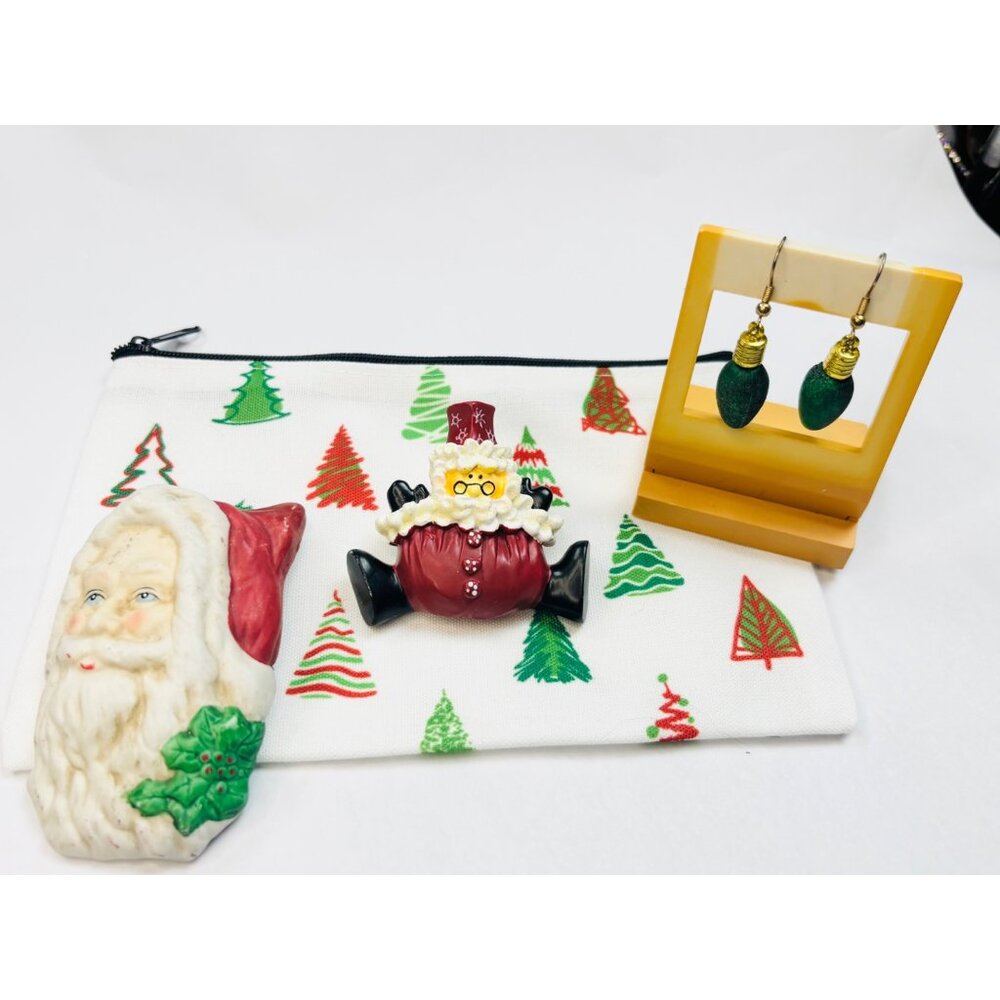 Vintage Christmas Santa & Tree Earrings Set